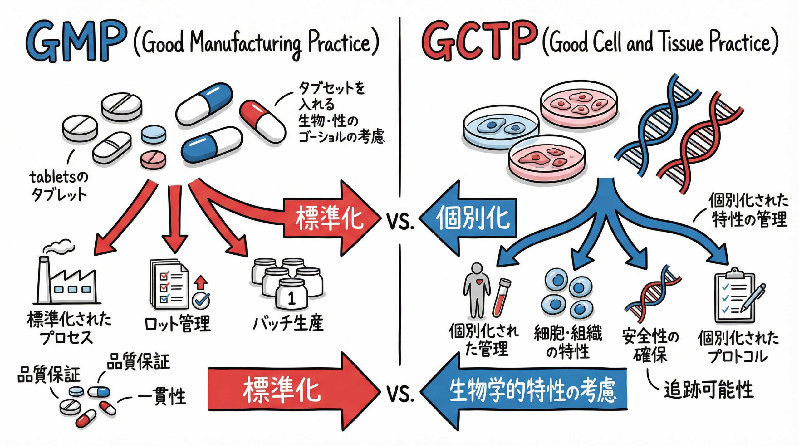 医薬品GMPと再生医療等製品GCTPの相違点と適用実務